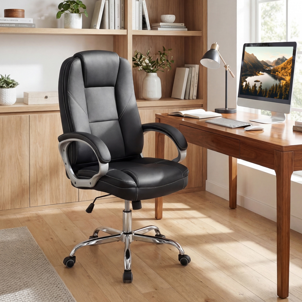 CB11167DK Ergonomic Leather Office Chair with Padded Armrests & Rocking Backrest - Black