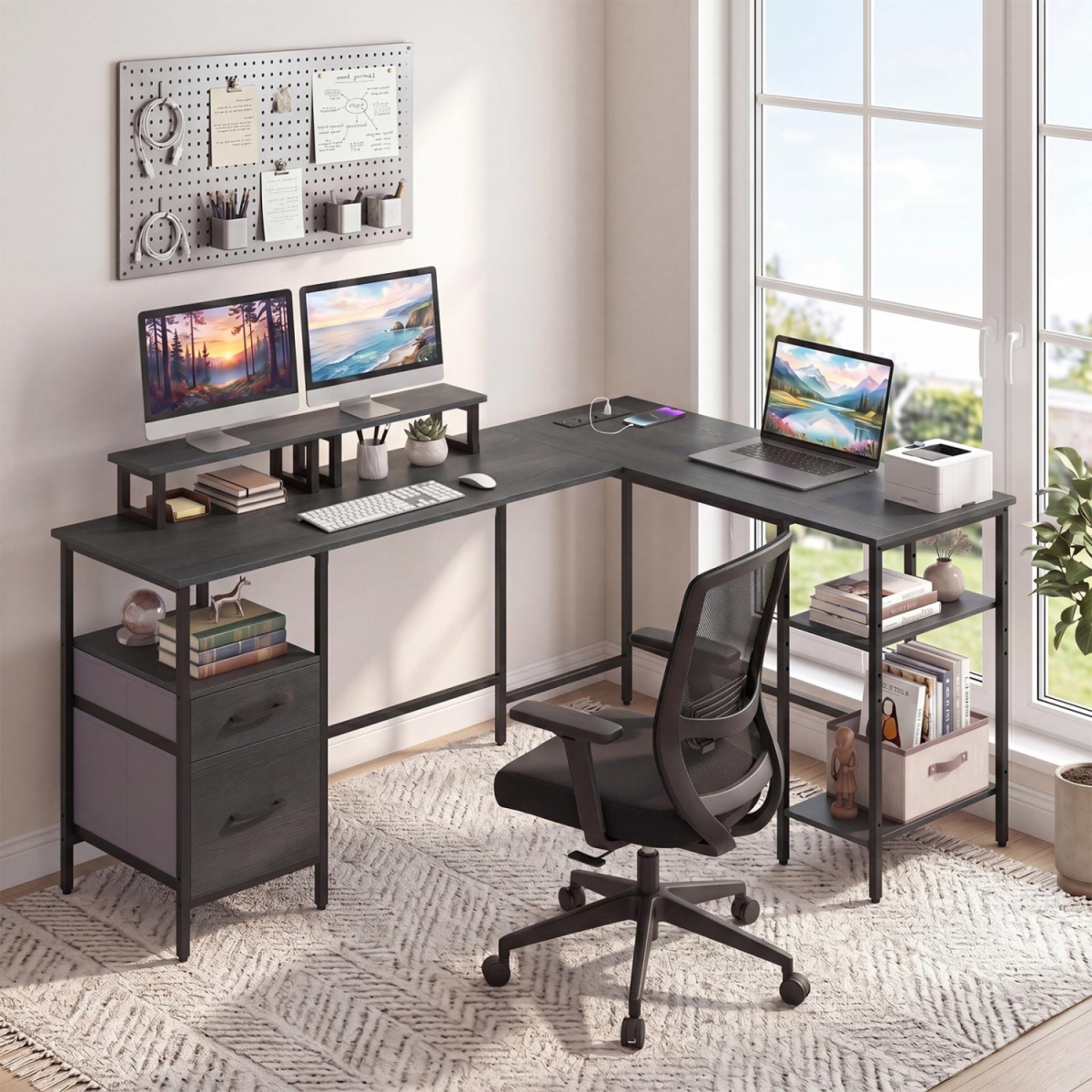CB11185US-DK L Shaped Desk with Power Outlet Reversible Computer Desk with Monitor Stands - Black