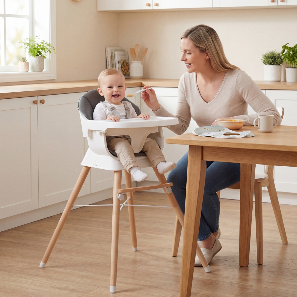 BE10074GR Convertible Baby Feeding High Chair for Babies & Toddlers Solid Wood with 3-Position Adjustable Tray - Gray