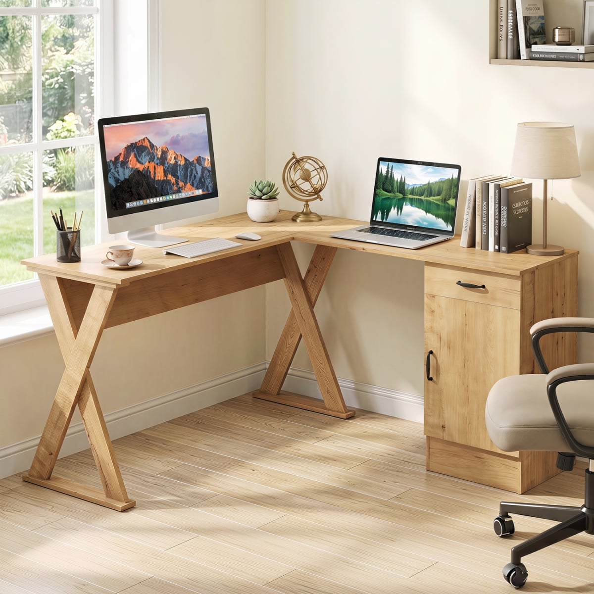 CB11297OK L-Shaped Computer Desk with Reversible Drawer & Cabinet for Bedroom & Small Spaces Workstation - Oak