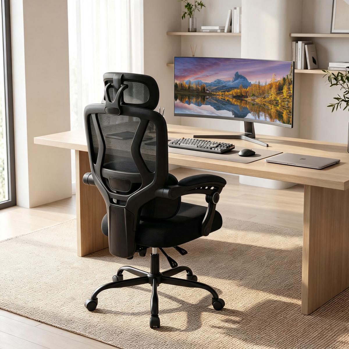CB11324DK Ergonomic Office Computer Mesh Chair with High Back Adaptive Lumbar Support & 2D Adjustable Headrest - Black
