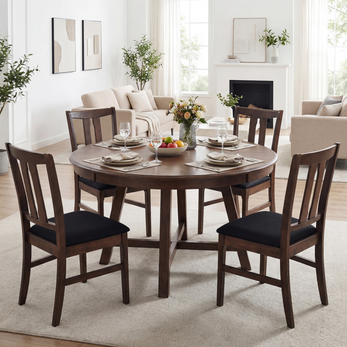 2-KC59312WN-2 Wooden Upholstered Dining Chairs with High Curved Back - Walnut - Set of 4