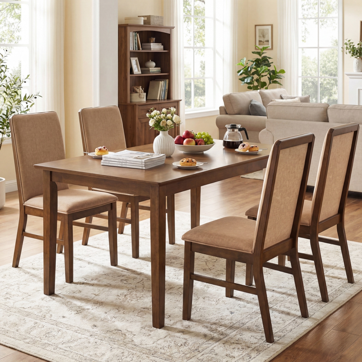 2-KC59468BN-2 Upholstered Dining Chairs with Solid Rubber Wood Legs - Brown - Set of 4