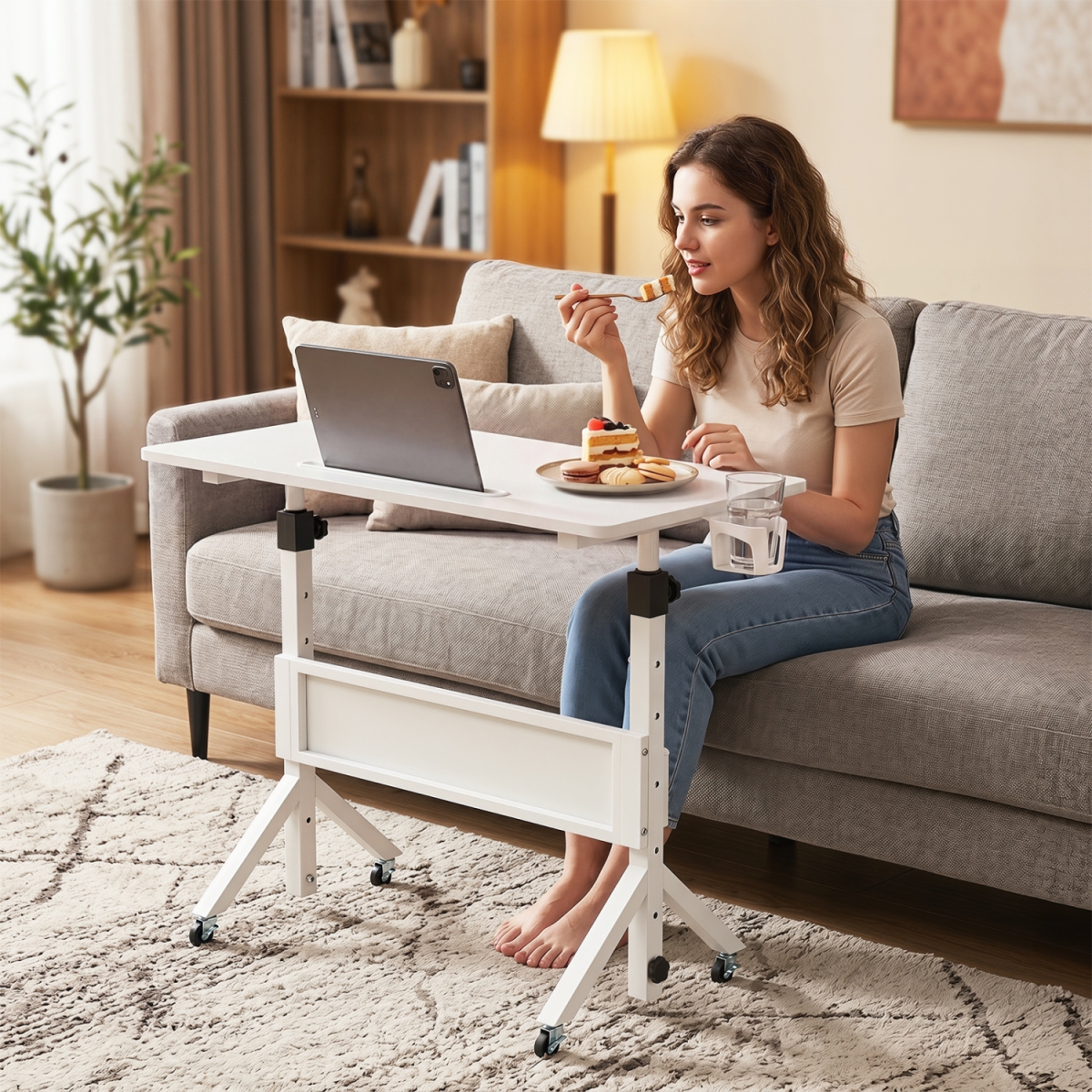 CB11285WH Mobile Standing Desk Height Adjustable Rolling Laptop Desk with Cup Holder Storage Basket - White