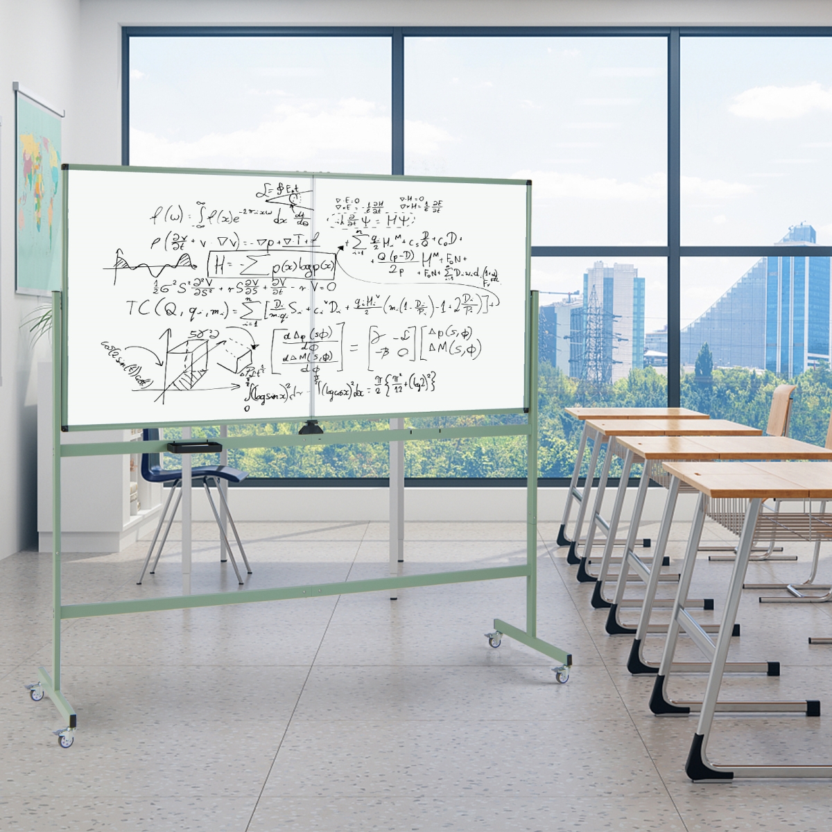 CB10858GN Rolling Double-Sided Magnetic Whiteboard on Wheels with Stand & Aluminum Alloy Frame - Green