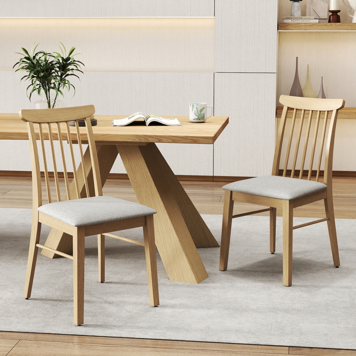 KC59284NA-2 Dining Chairs Fabric Upholstered Kitchen Armless Chairs with Rubber Wood Frame - Natural - Set of 2