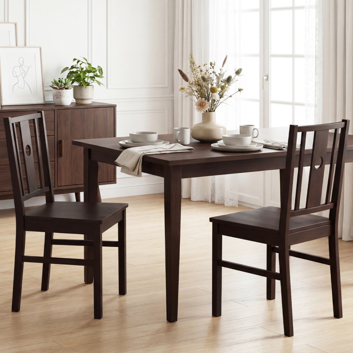 KC59587CF-2 Solid Rubber Wood Kitchen Chairs with Slatted Curved Backrest - Coffee - Set of 2