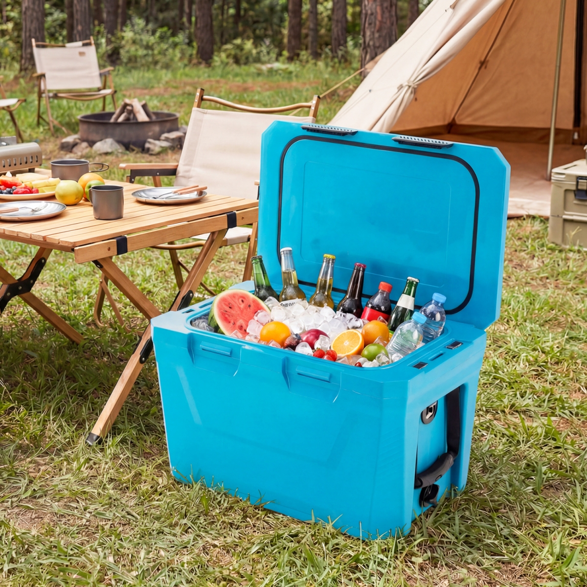 GP11796BL Insulated Portable Cooler Hard Shell Ice Chest with 2 Cup Holders Bottle Opener & Drain Plug - Blue