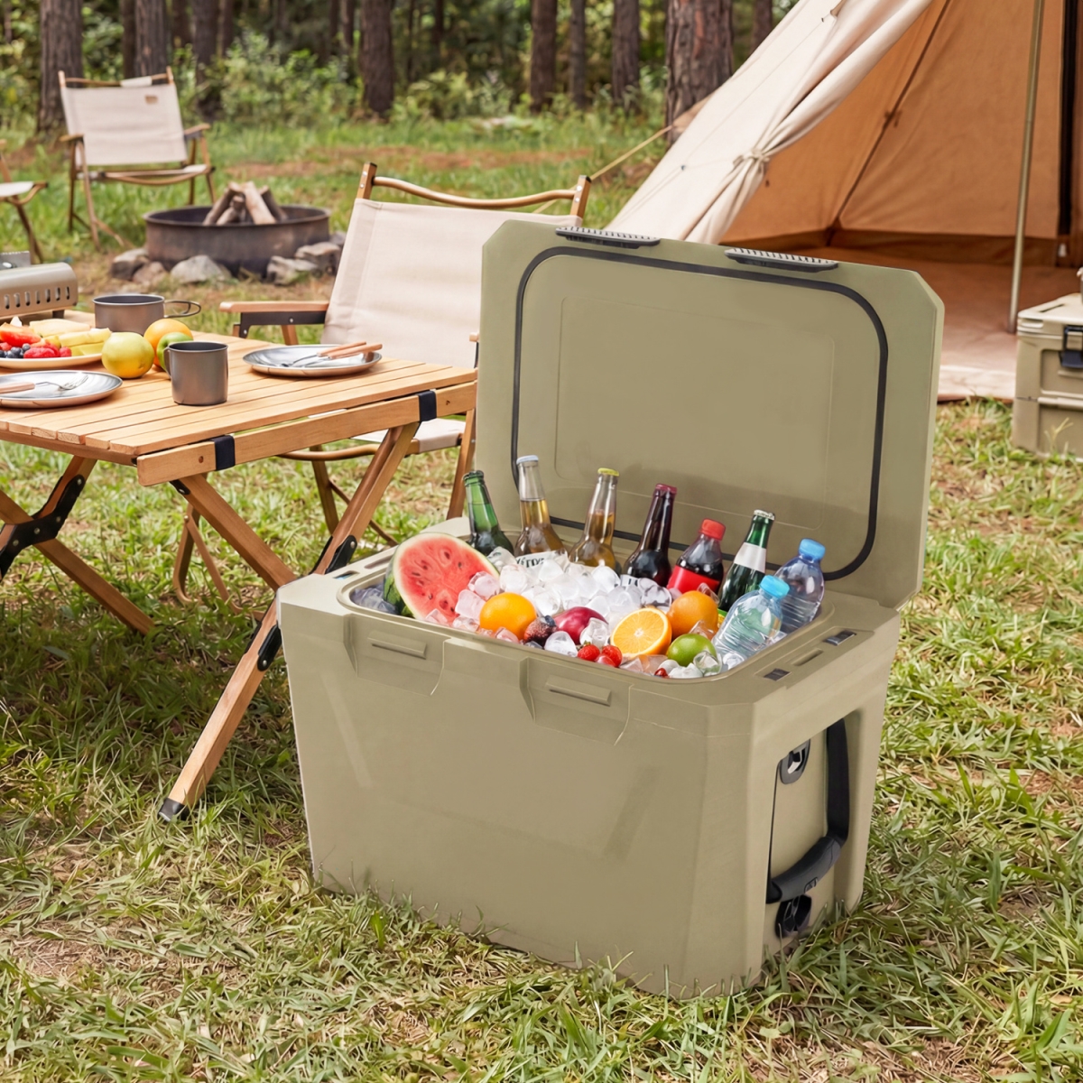 GP11796SA Insulated Portable Cooler Hard Shell Ice Chest with 2 Cup Holders Bottle Opener & Drain Plug - Sand