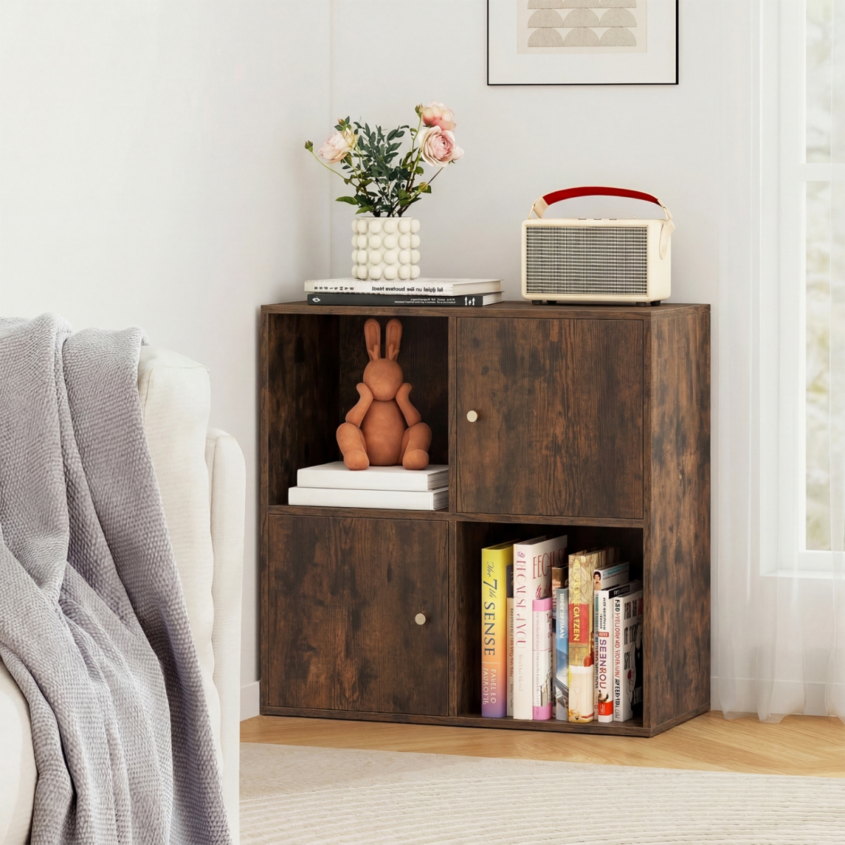 CB10838CF 4-Cube Bookcase 3-Tier Bookshelf with Dual Anti-Tipping Kits & 2 Cabinets - Brown