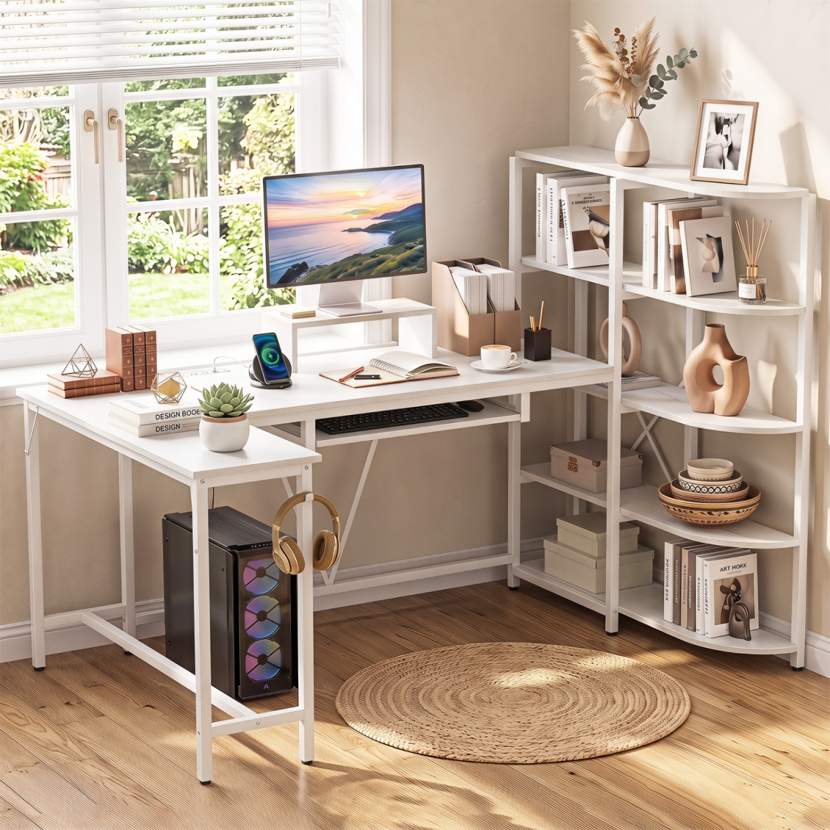 CB11087US-WH- 63 in. U-Shaped Computer Desk with Power Outlets 5-Tier Bookshelf & Keyboard Tray - White