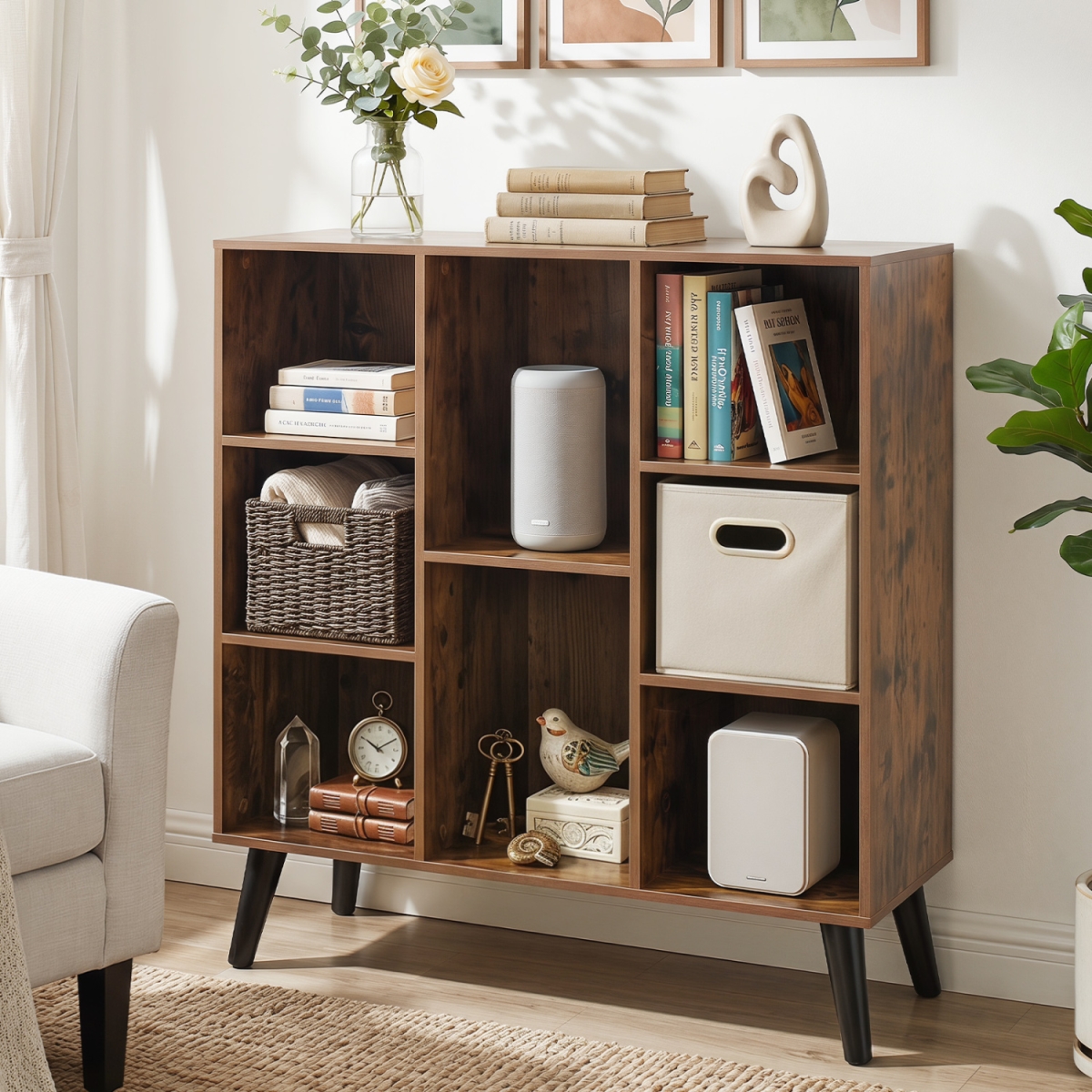 CB11171CF 8-Cube Bookcase with Raised Support Legs for Living Room - Rustic Brown