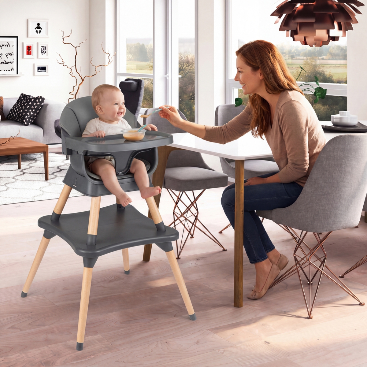 BE10072HS 9-in-1 Convertible High Chair with Solid Wood Legs for Babies & Toddlers - Gray