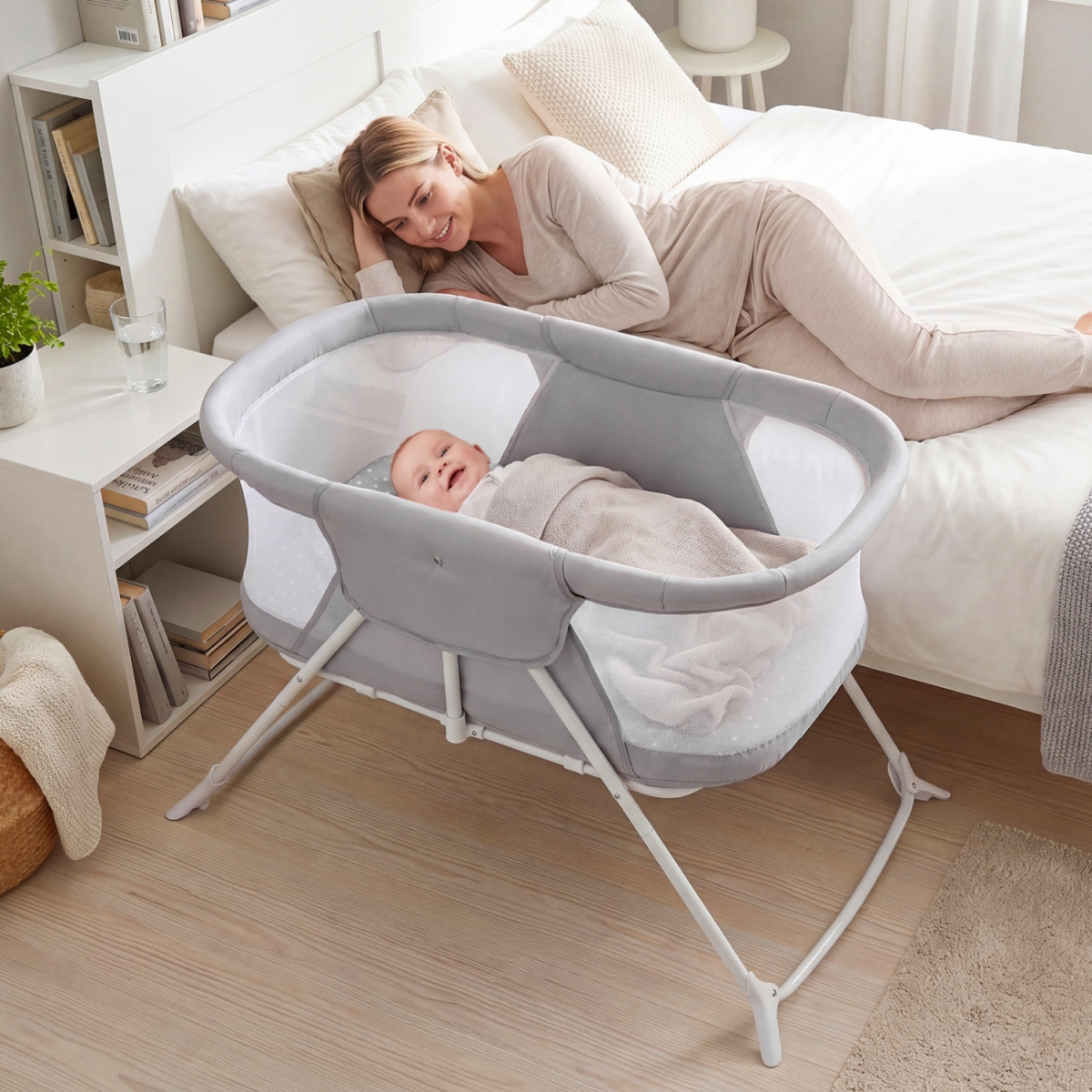 BC10351GR 2 in 1 Baby Bassinet with Rocking Motion Foldable Bedside Sleeper with Breathable Mesh - Gray
