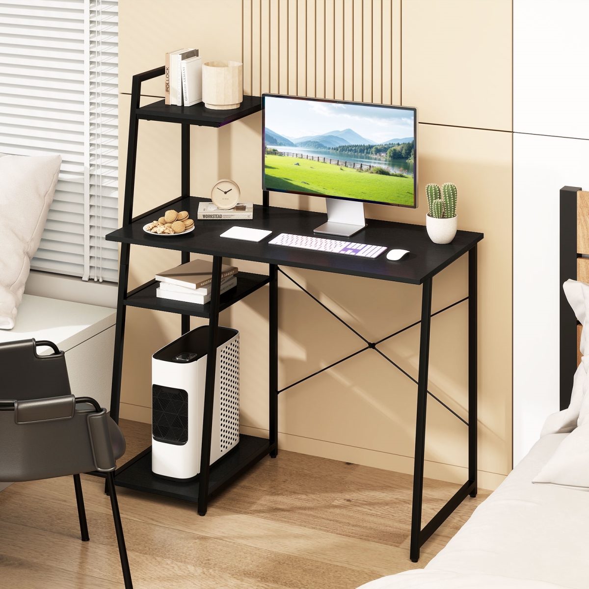 CB10996DK Computer Desk with Shelves & 3-Tier Storage Bookshelf - Black