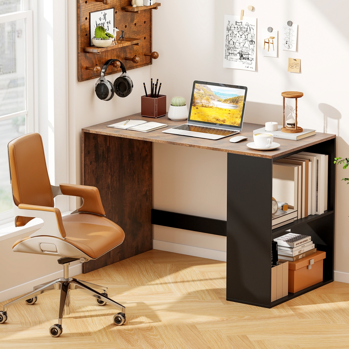 CB11043CF 44 in. Wooden Computer Desk with Bookshelf for Small Space - Rustic Brown & Black