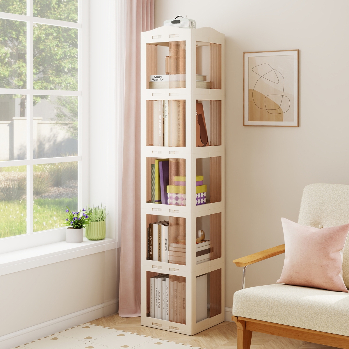 CB11098WH 5-Tier Foldable Rotating Bookshelf 360 Deg Spinning Bookcase with Swivel Base - White