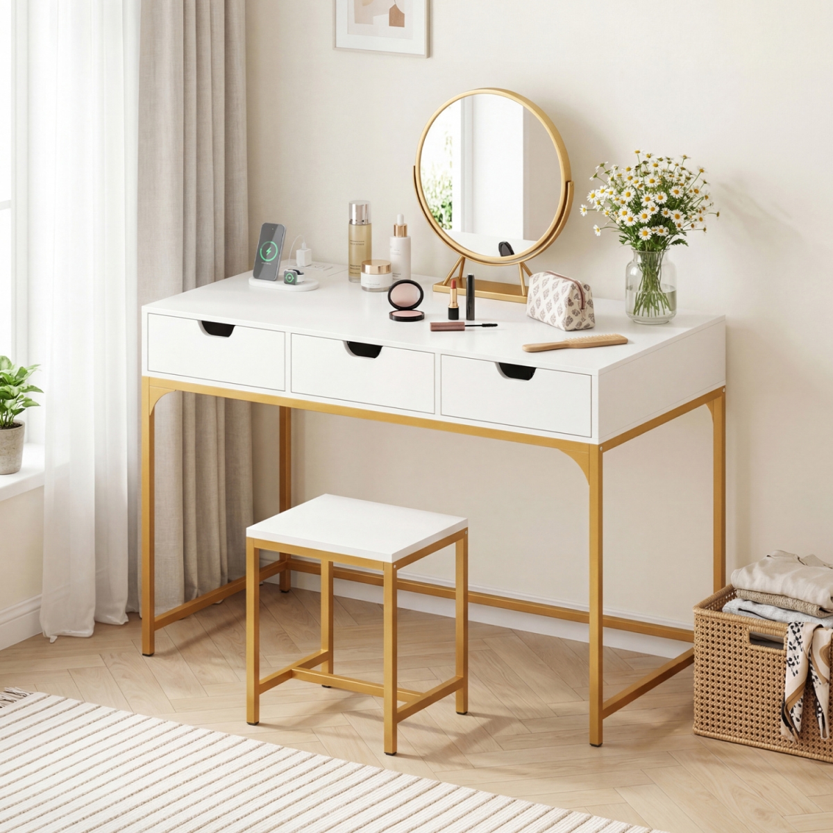 CB11180US-WH Office Desk with Power Outlets & Hidden Compartment for Study - White
