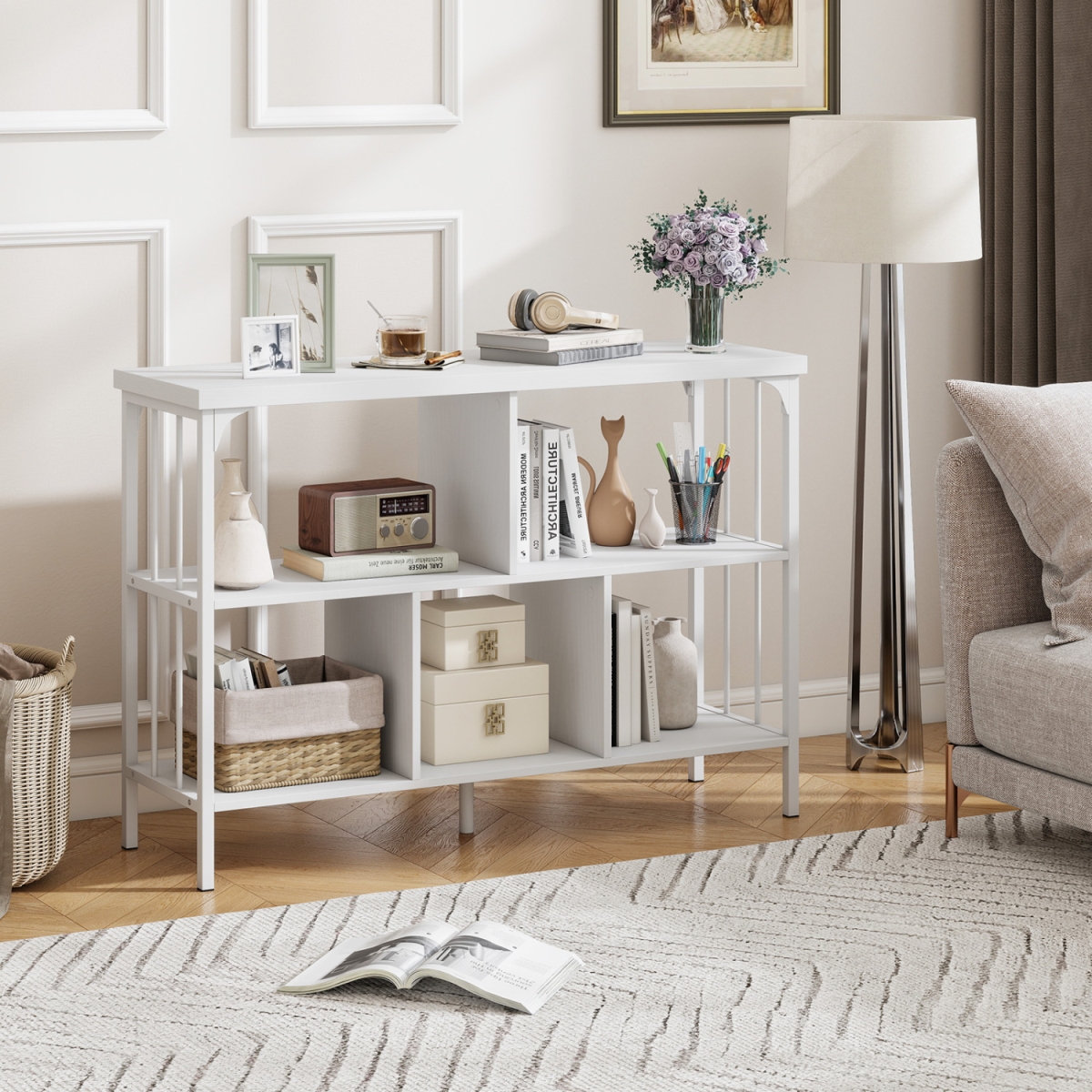 CB11240WH 3-Tier Horizontal Cubby Bookshelf with Open Shelves - White