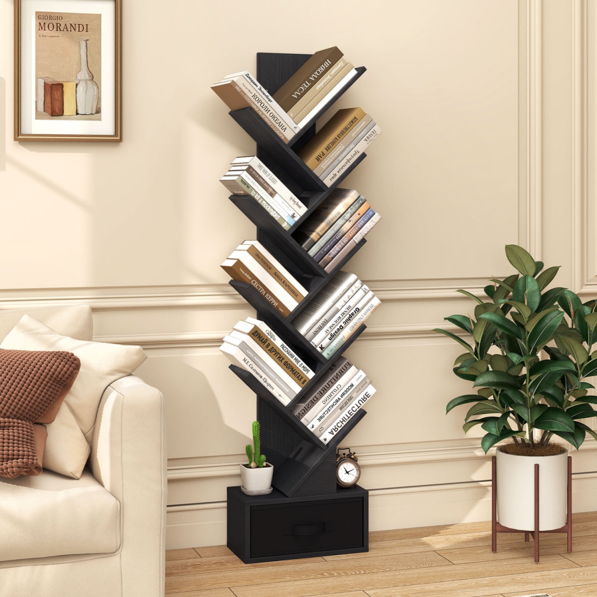 CB11261DK 10-Tier Bookshelf with Drawer Free-Standing Storage Bookcase - Black