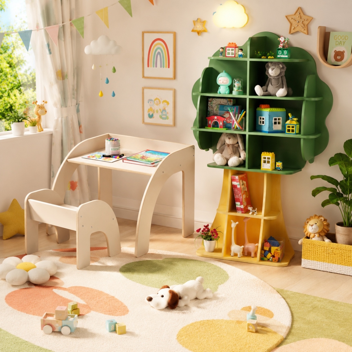B-HY10352TP10193 Kids Table & Chair Set with Tree Shape Bookshelf Storage Organizer