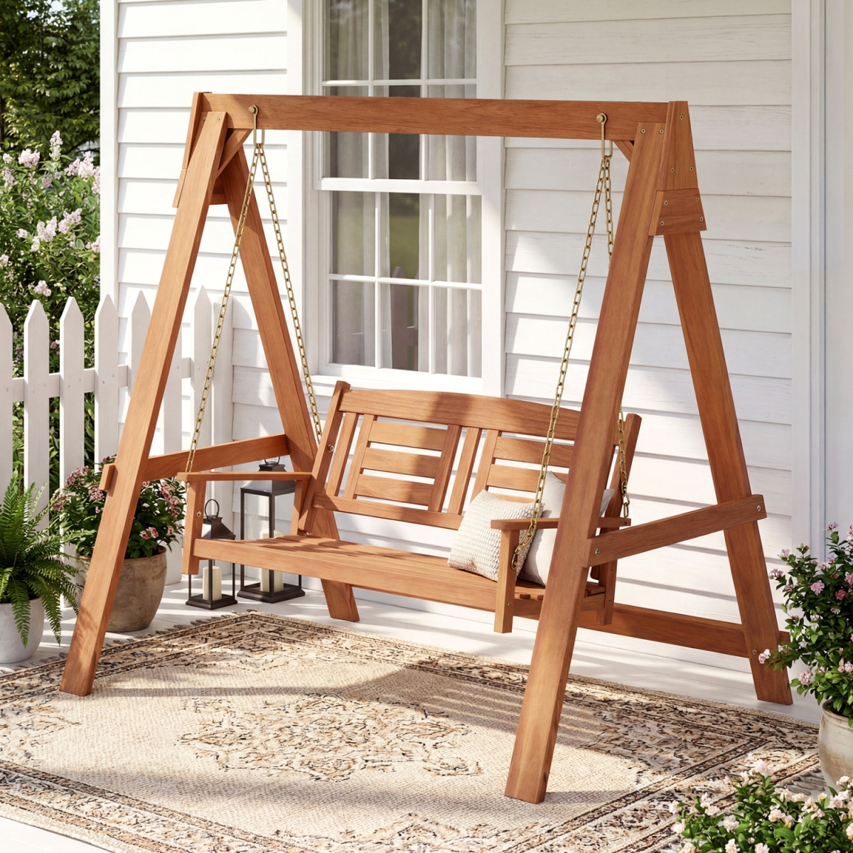 NP13617 2-Seater Porch Swing with Stand Adjustable Chains - Brown