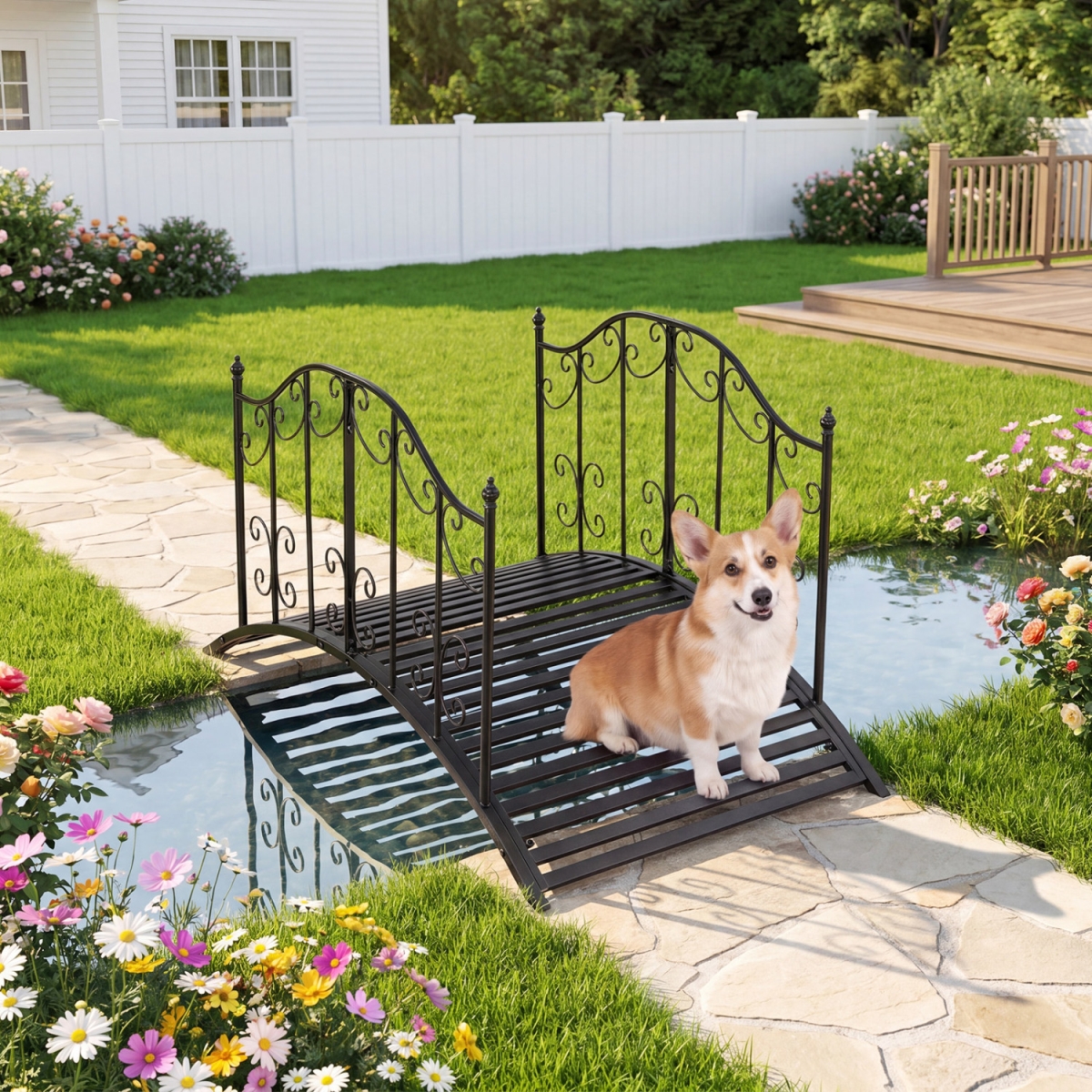 NP13629 3.9 ft. Garden Metal Bridge with Dual Patterned Side Rails - Black