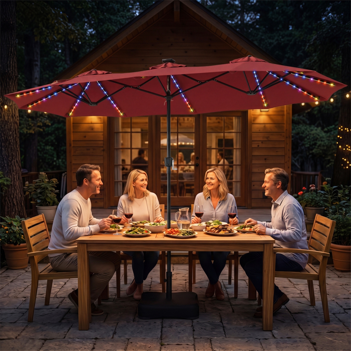 NP13666WN 13 ft. Double-Sided Patio Umbrella with 108 LED Lights & Base Included - Wine