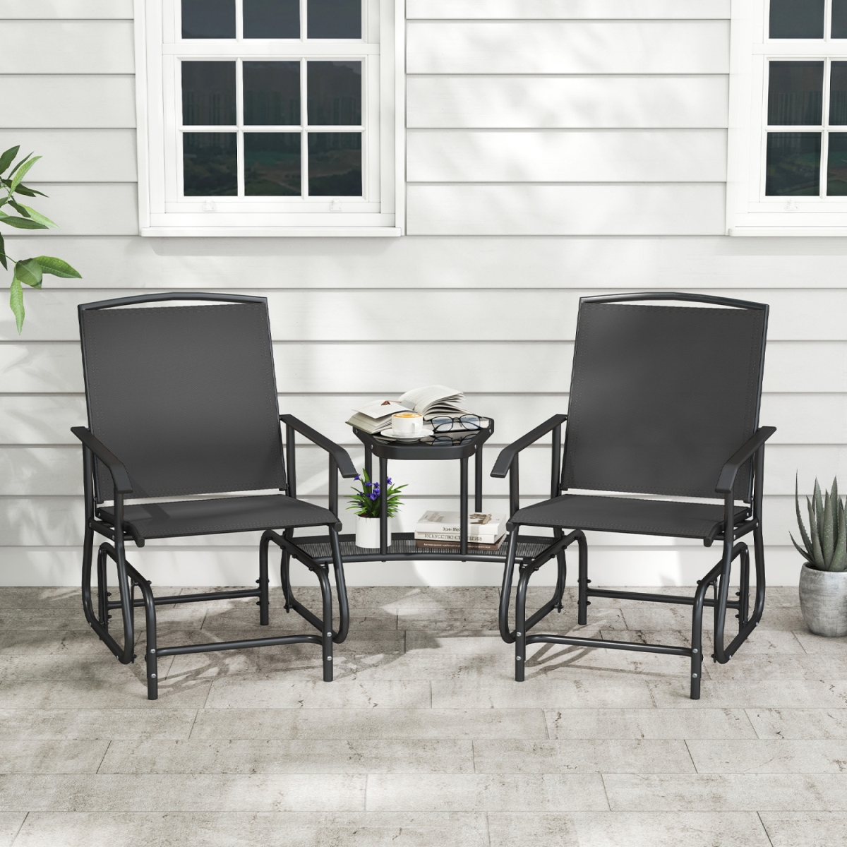 NP13771DK 2-Seater Outdoor Glider Bench with 2-Tier Center Table - Black