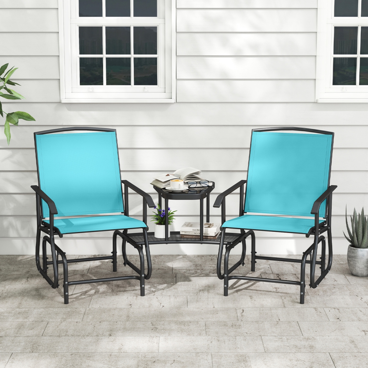 NP13771TU 2-Seater Outdoor Glider Bench with 2-Tier Center Table - Turquoise