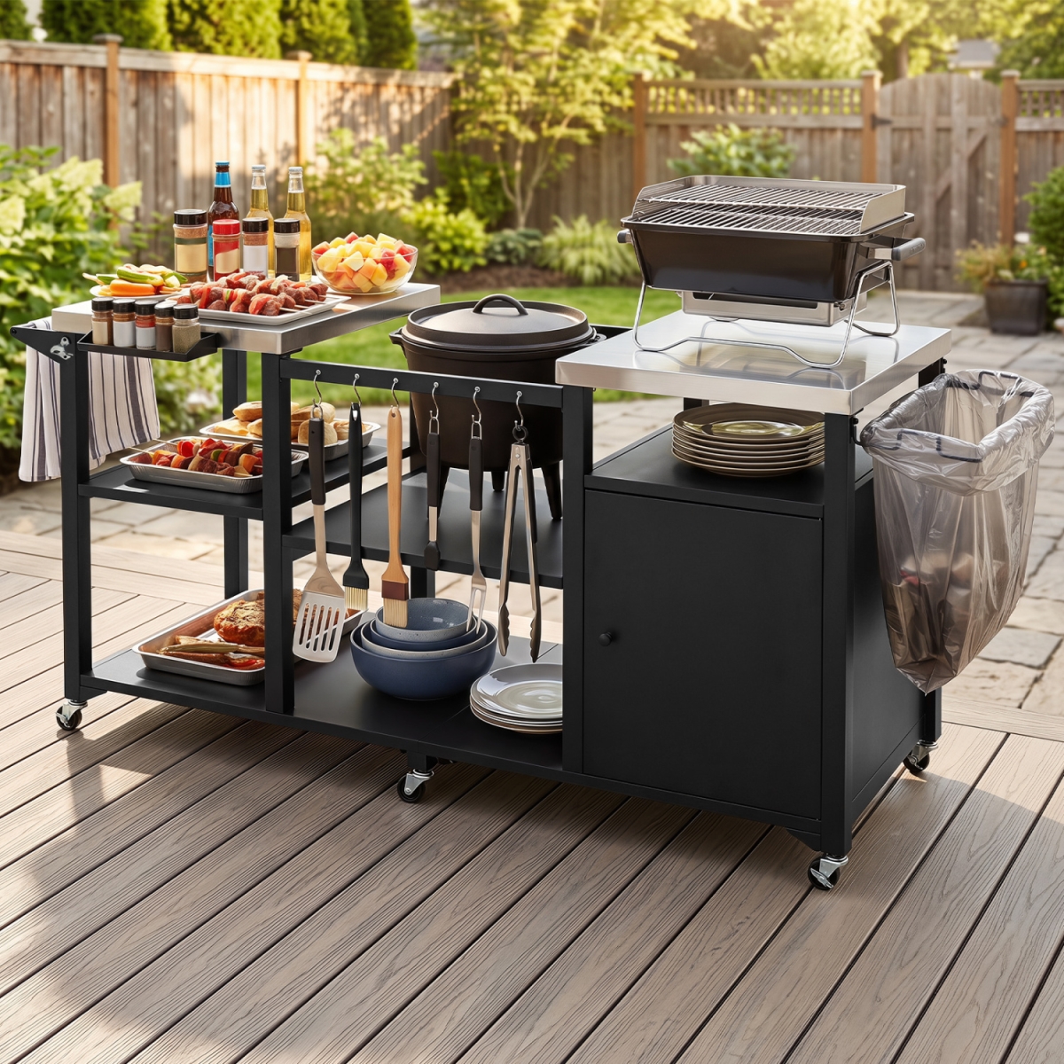 NP13798DK- Outdoor Grill Cart with Cabinet Stainless Steel Tabletop & Hooks - Black