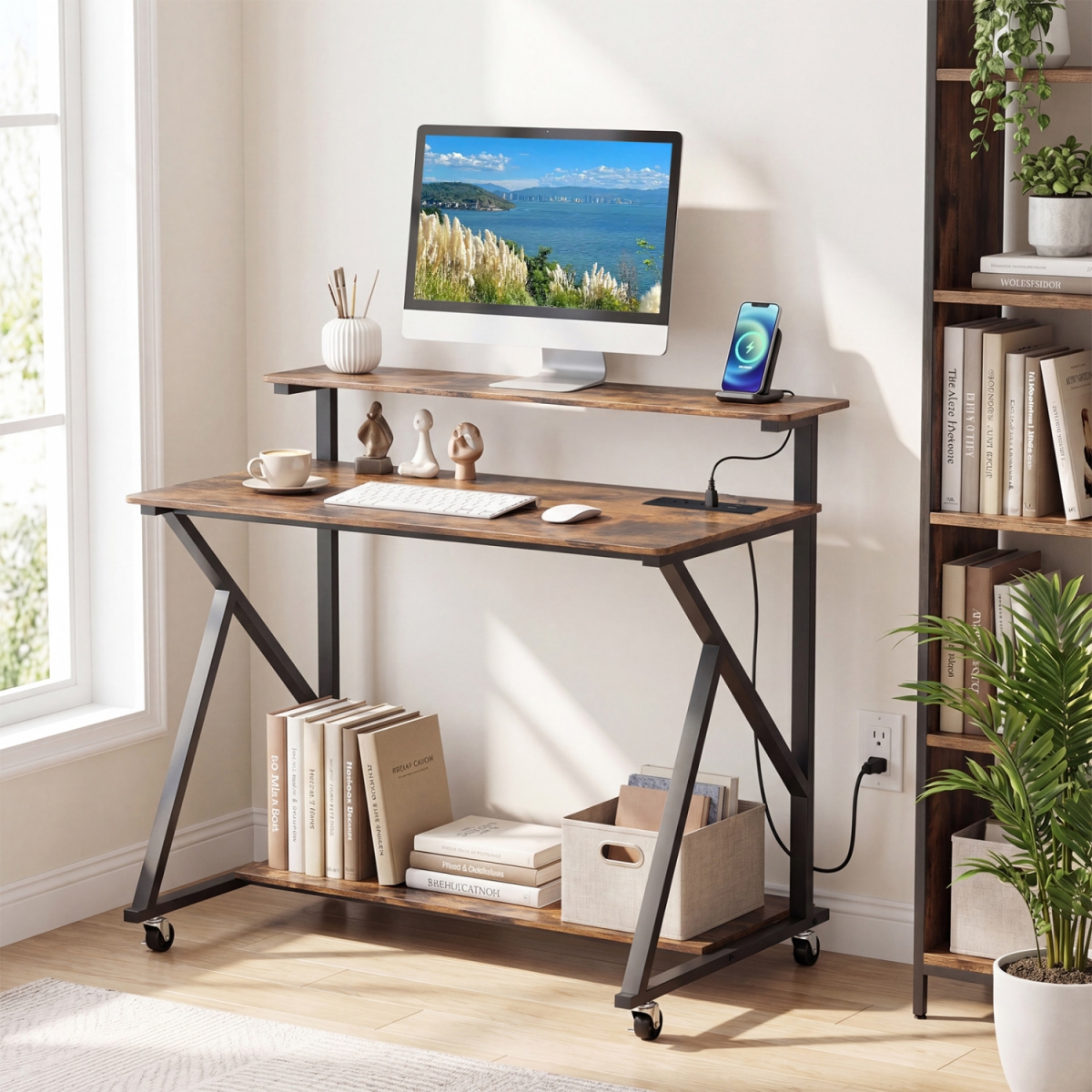 CB11044US-CF Rolling Computer Desk with Charging Station & Monitor Shelf Storage for Home Office - Rustic Brown