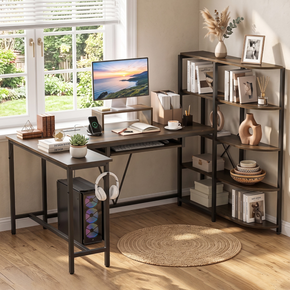 CB11087US-CF- 63 in. U-Shaped Computer Desk with Power Outlets 5-Tier Bookshelf & Keyboard Tray - Rustic Brown