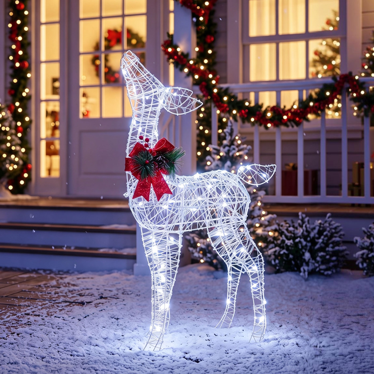 EU10019US-BE Lighted Christmas Deer Decorations with Cold White LED Lights - White