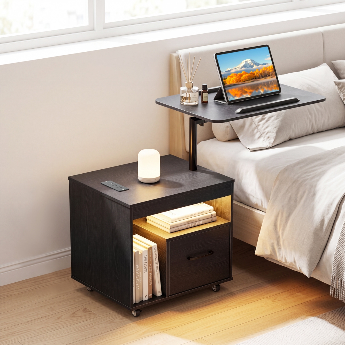 HU11245US-DK LED Nightstand with Power Outlets Modern Bedside Table with Flip Over - Black