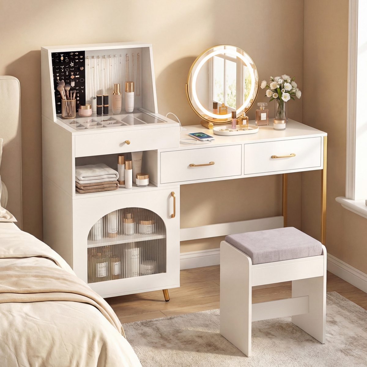 HU11259US-WH- Vanity Desk with Mirror & Lights with Ring Slots & Necklace Hooks for Makeup - White