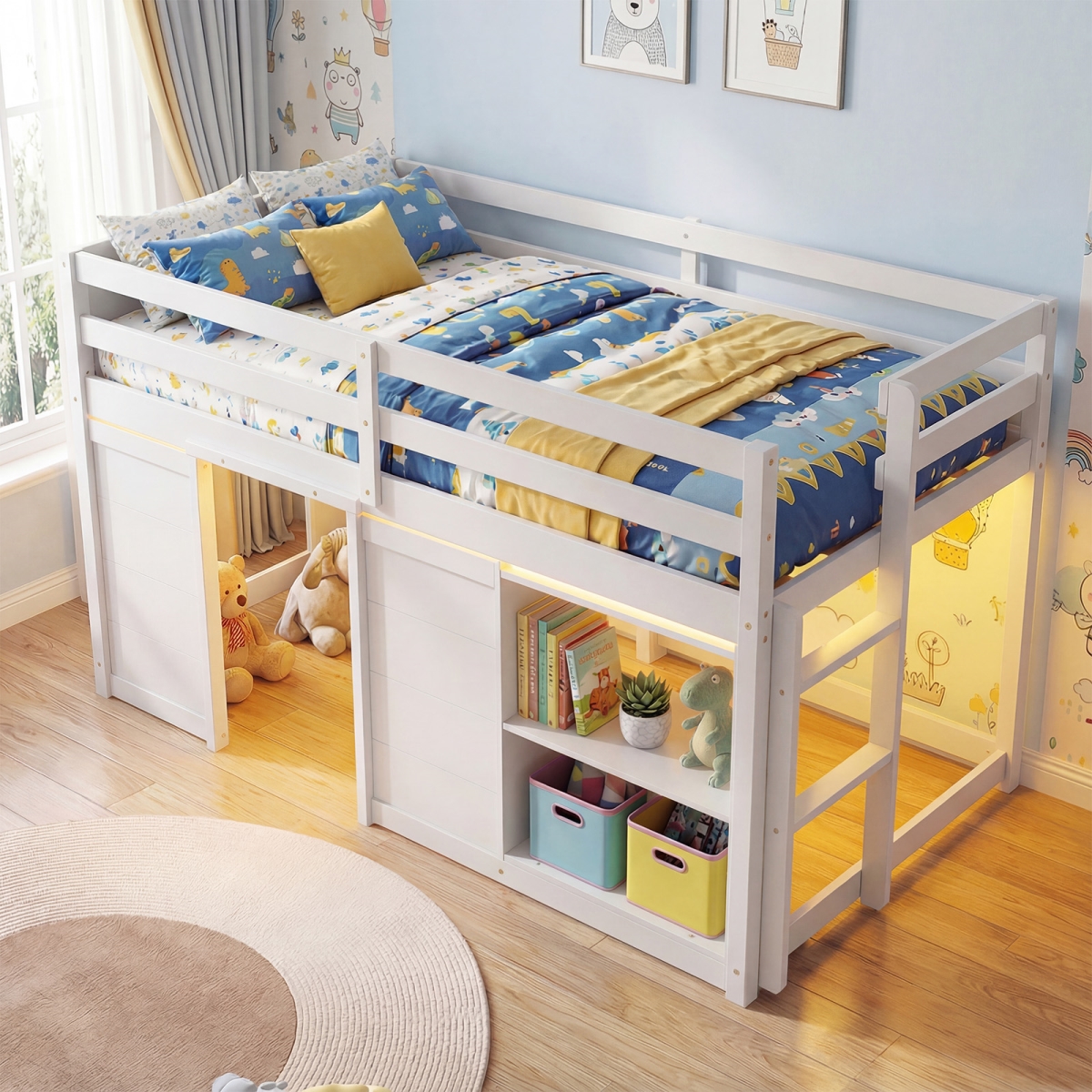 HU11344WH Wooden Low Kids Loft Bed with LED Lights & 2 Doors - White