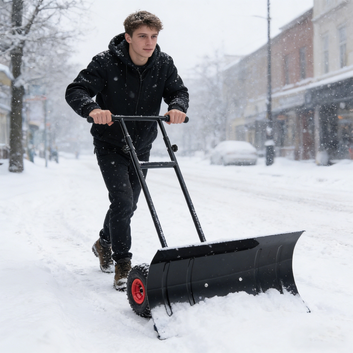 GT4509BK 29 in. Snow Pusher Heavy Duty Metal Shovel with Wheels & Adjustable Handle - Black