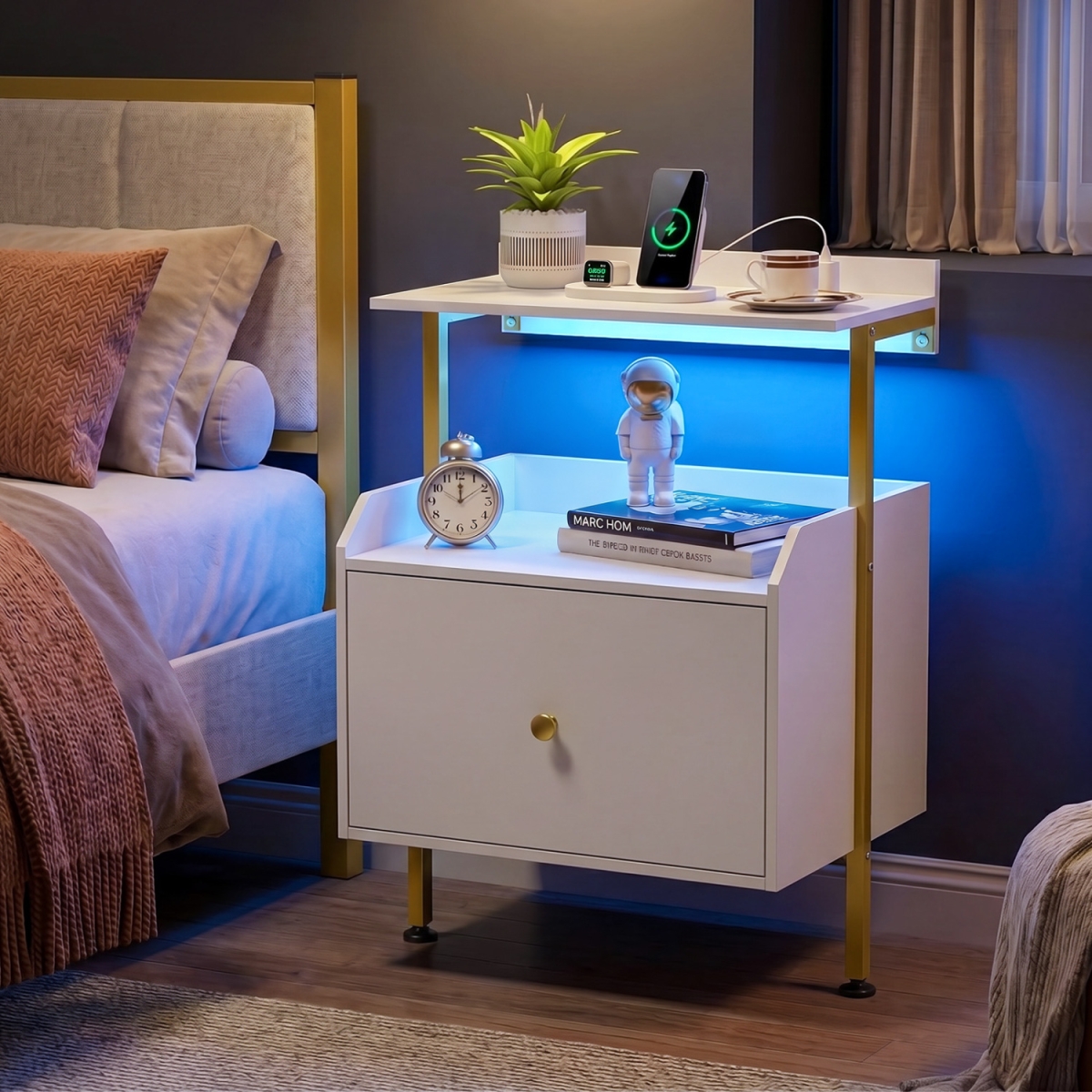 HU11362US-WH Wall-Mounted Nightstand with LED Lights & Charging Station for Bedroom - White