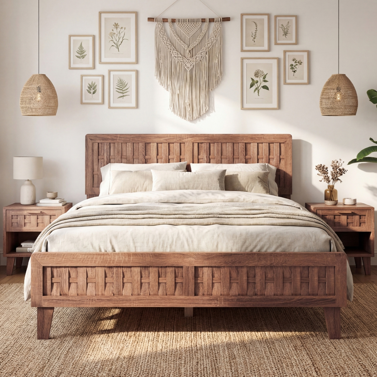 HU11365NA-Q Mid Century Bed Frame with Woven Accent Headboard - Natural - Queen Size