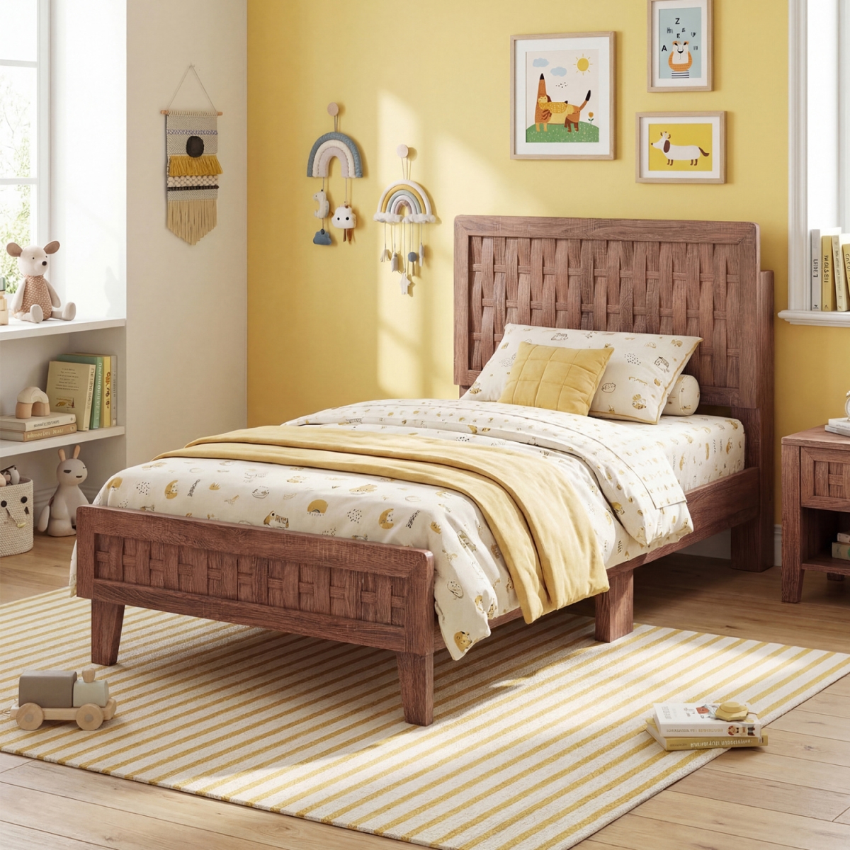 HU11365NA-T Twin Size Mid Century Bed Frame with Woven Accent Headboard - Walnut