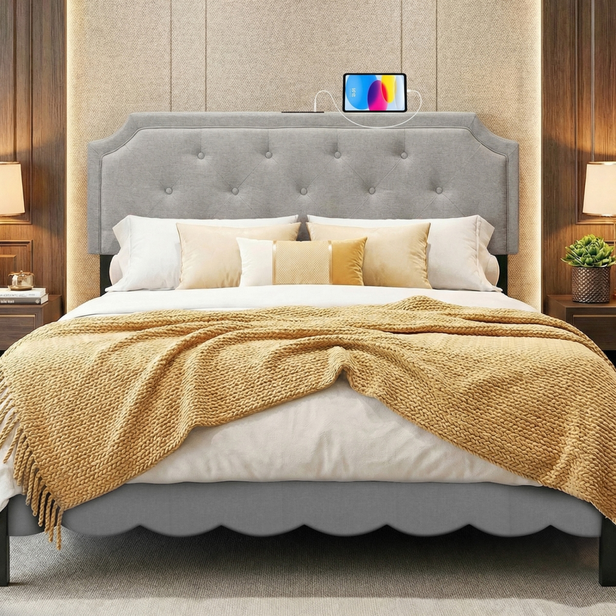HU11374GR Tufted Upholstered Headboard for Queen & Full Size Bed - Gray