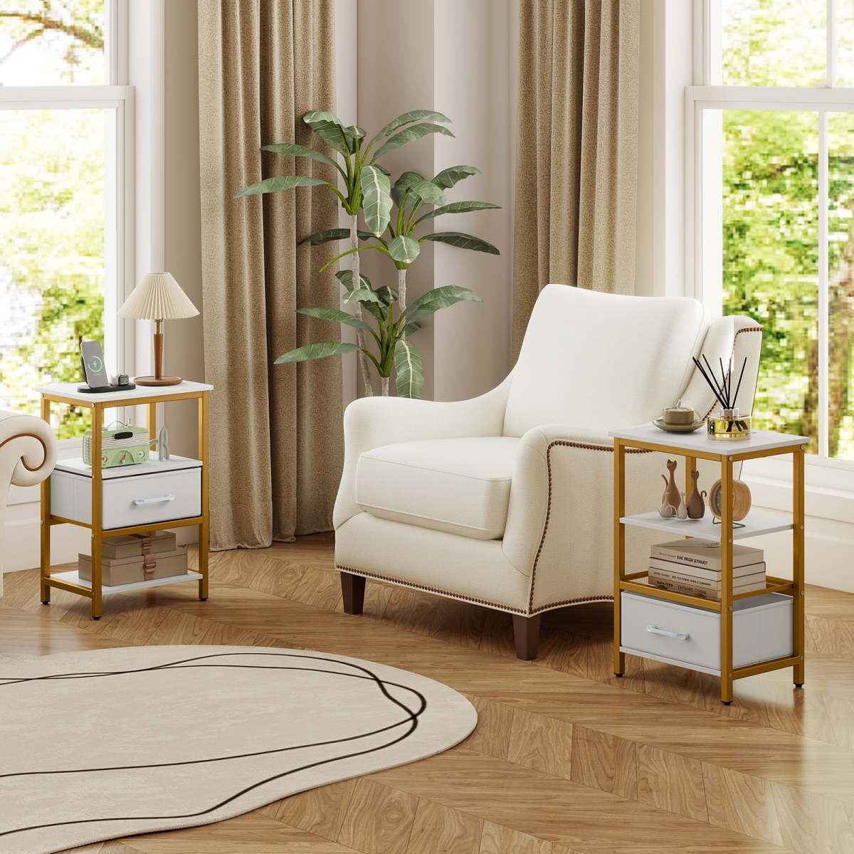 HU11291US-2WH Nightstand with Charging Station & Adjustable Fabric Drawer for Bedroom & Living Room - White & Gold - Set of 2