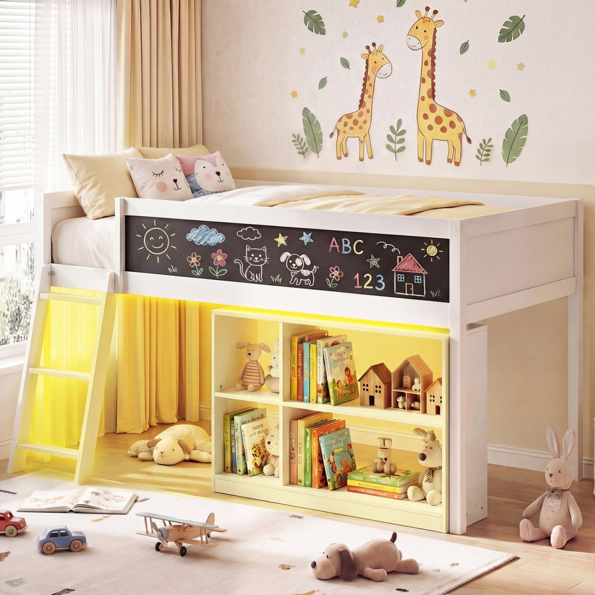 HU11345WH-T Kids Loft Bed with LED Lights & Removable Bookcase - White - Twin Size