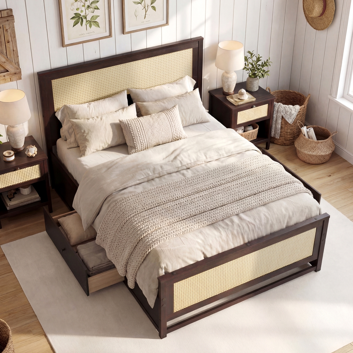 HU11366CF-F Rattan Bed Frame with Storage Drawers - Rustic Brown - Full Size