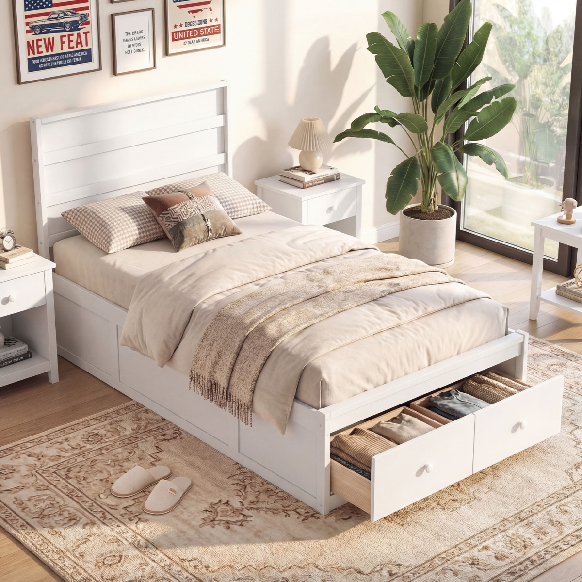 HU11367WH-T Bed Frame with Storage Drawers & Headboard - White - Twin Size