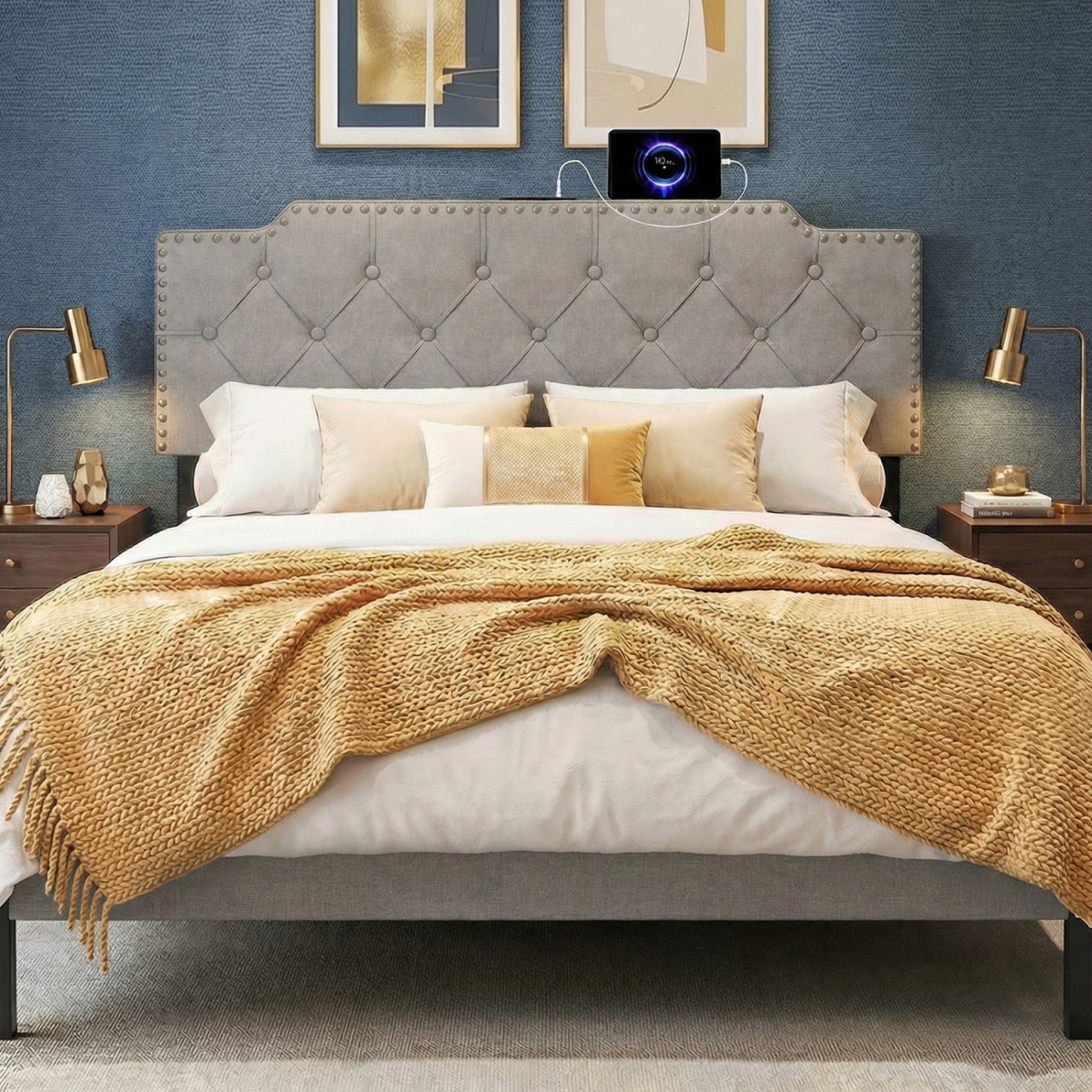HU11376GR Headboard for Queen & Full Size Bed Rivet Tufted Upholstered Head Board - Gray