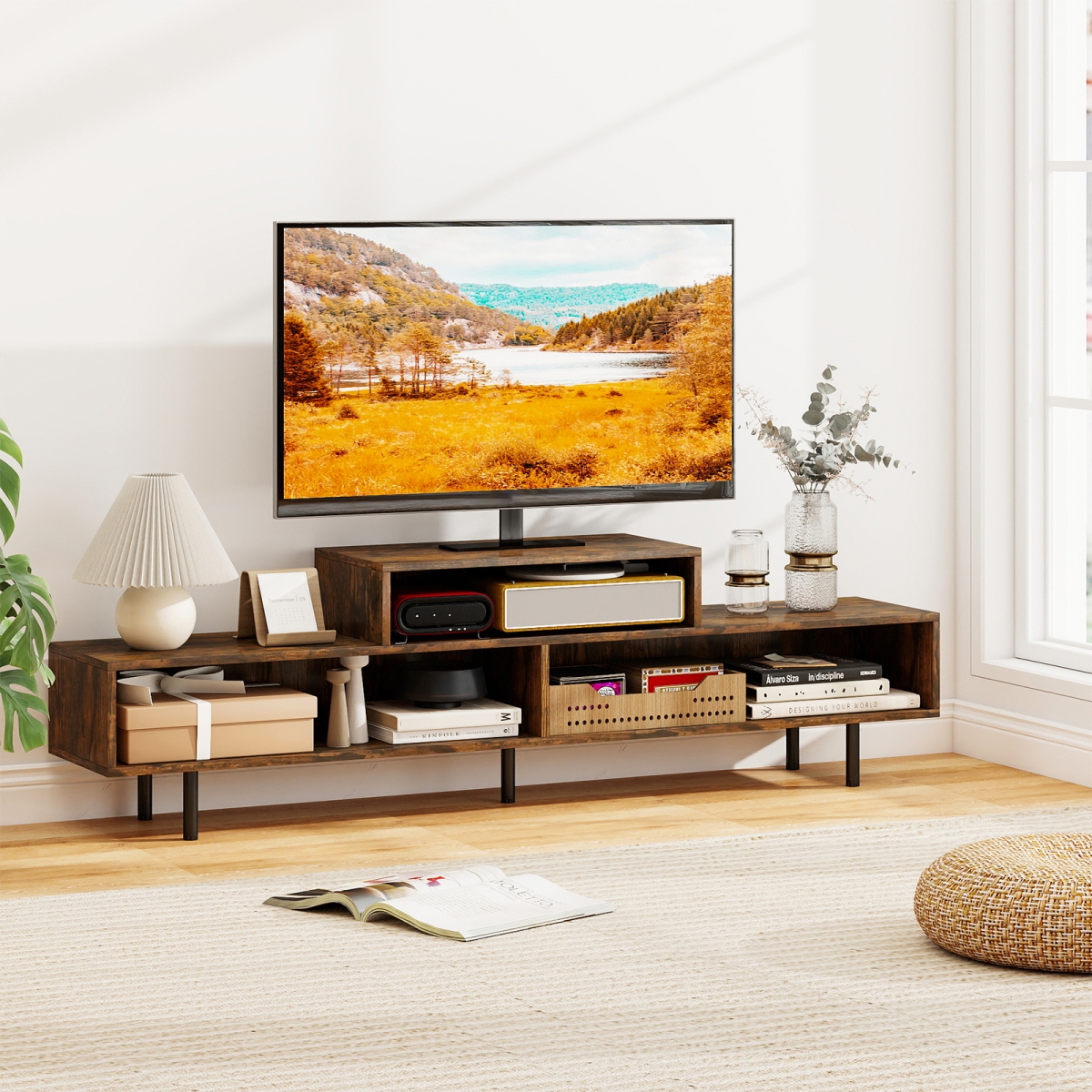 HV10830CF 3 Cubby TV Stand for TVs Up to 70 in. with Open Storage Compartments - Rustic Brown