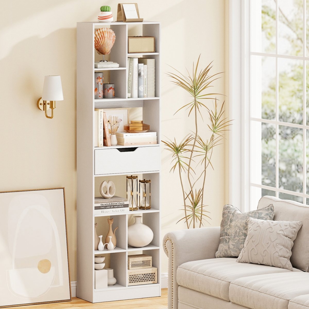 CB11034WH 71 in. Tall Freestanding Bookcase with Drawer 10-Cube Storage Organizer - White