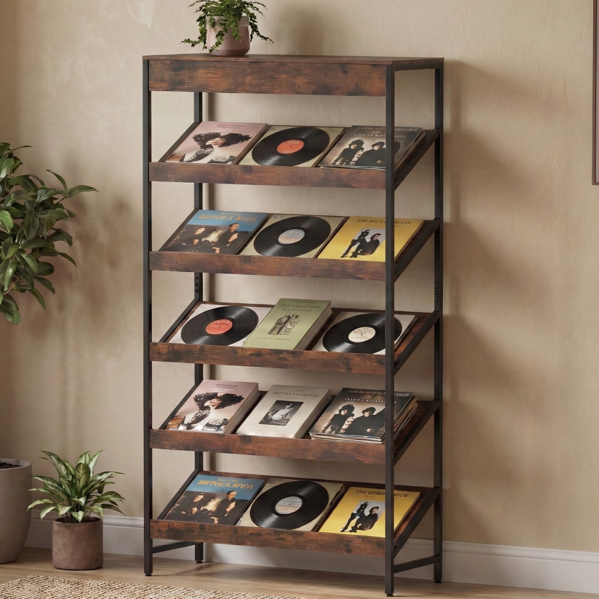 CB11060CF 6-Tier Tall Freestanding Bookshelf with Angled Shelves for Home Office - Rustic Brown